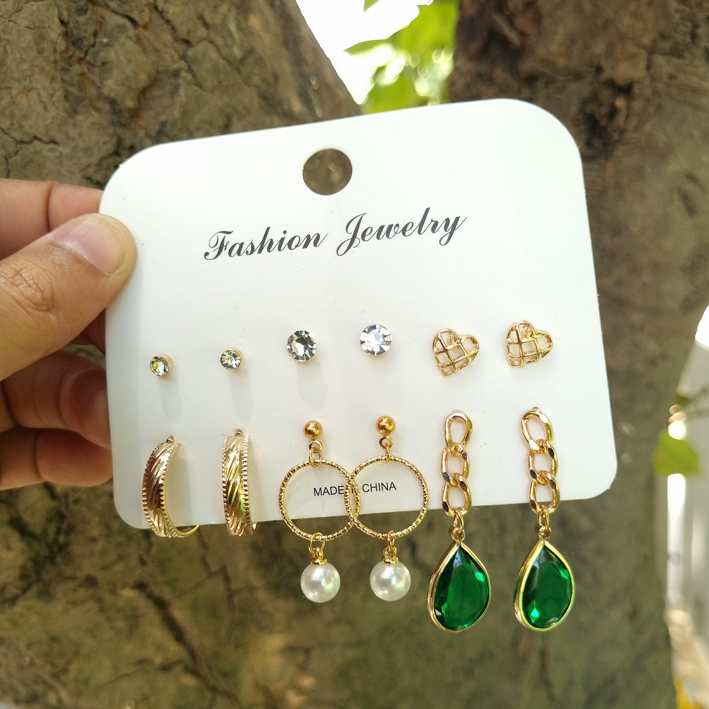 Emerald green gold base 6 pairs earrings pack