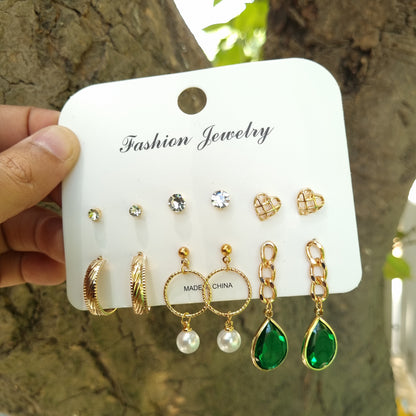 Emerald green gold base 6 pairs earrings pack