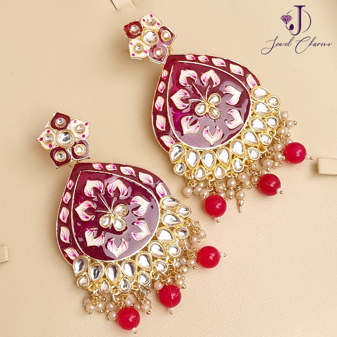 Dark red Tear Drop Bahwalpuri Gajra Earrings