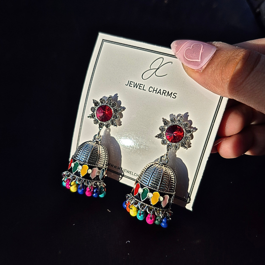 Multi silver red gem hand painted jhumki