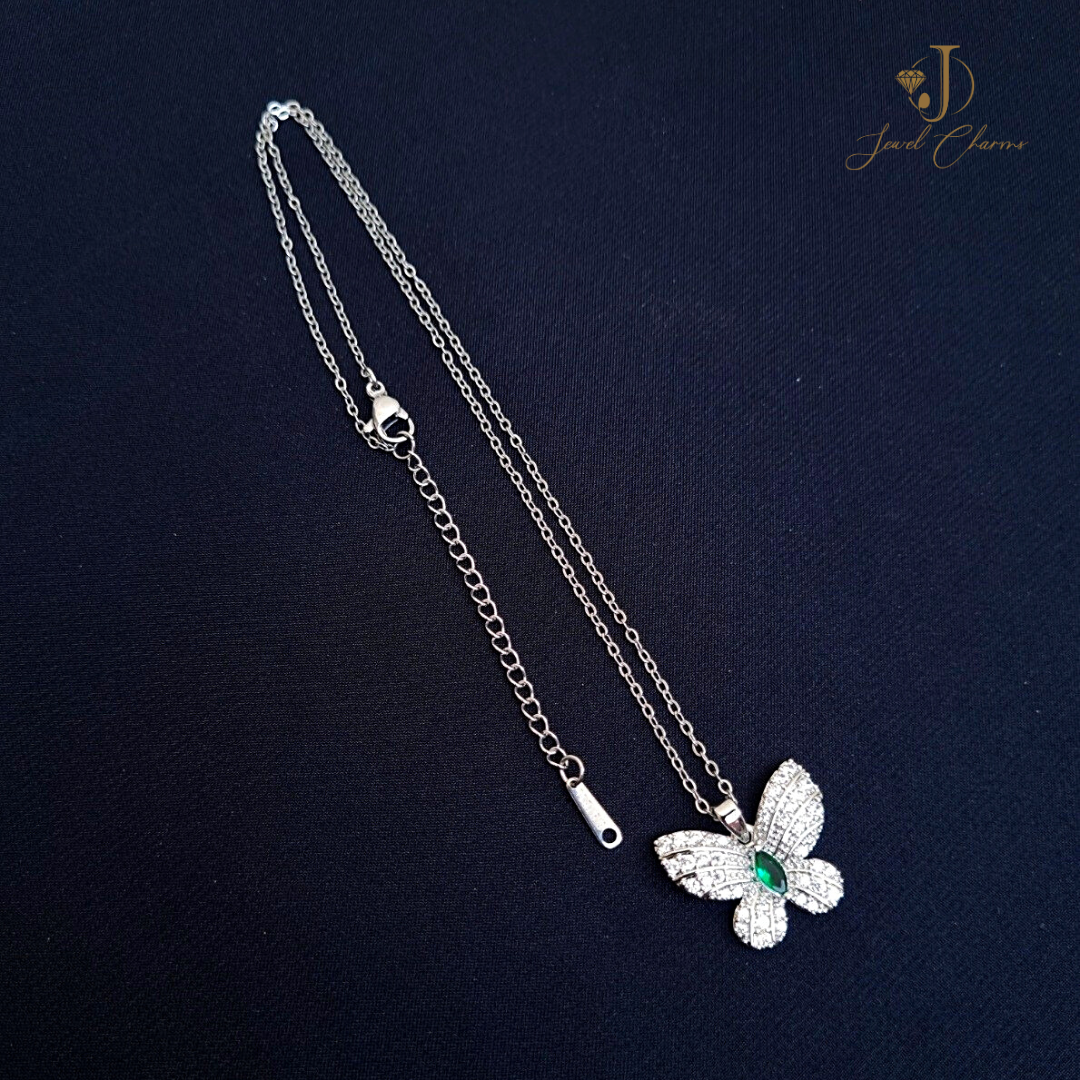 Silver Diamonde Jade Butterfly Necklace Stainless Steel