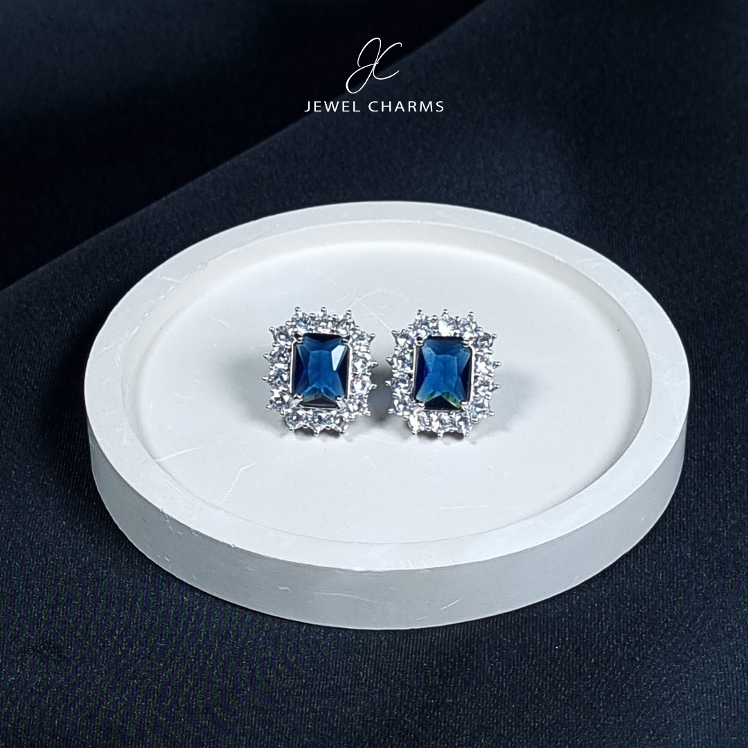 Blue Square Cut Studs Zircon