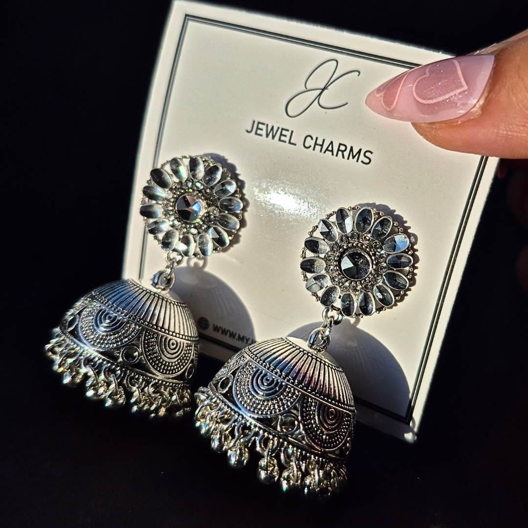 Silver Crystal sunflower jhumkas