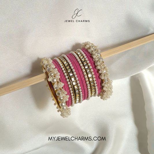 Baby pink velvet Double square Karra gajra bangles choorian set