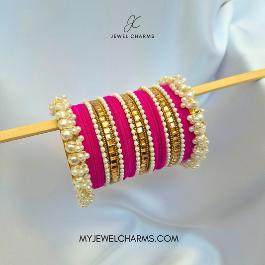Shocking Pink Triple Karra Gajra Bangles