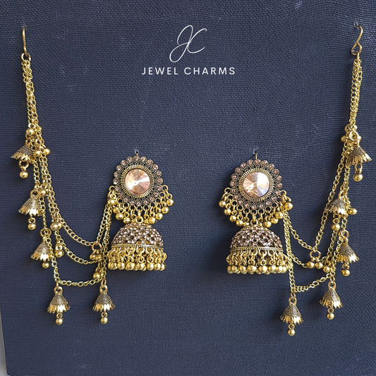 Jc 235 Mega Crystal Champagne Stone Golden Antique Triple Sahara Jhumka