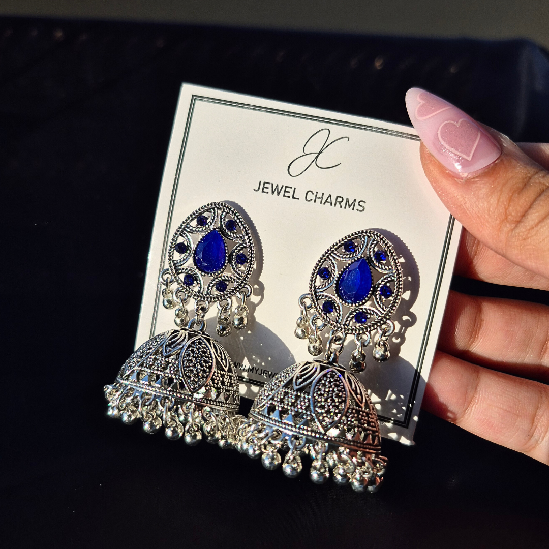 Blue Gem silver jhumka