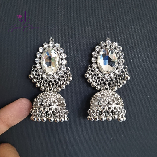 Silver Oval Gem Crystal Jhumka Medium