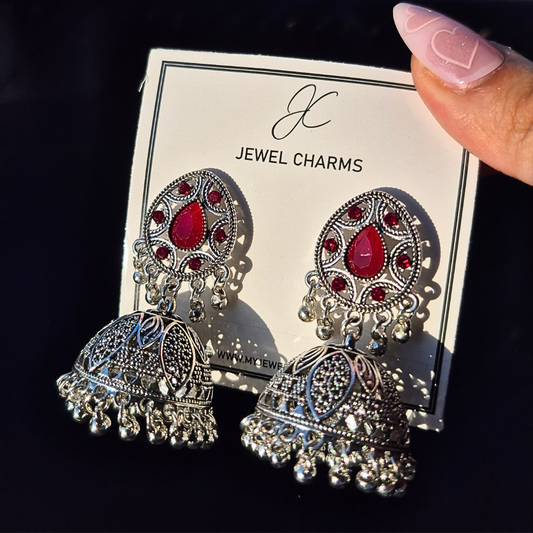 Red gem silver jhumka