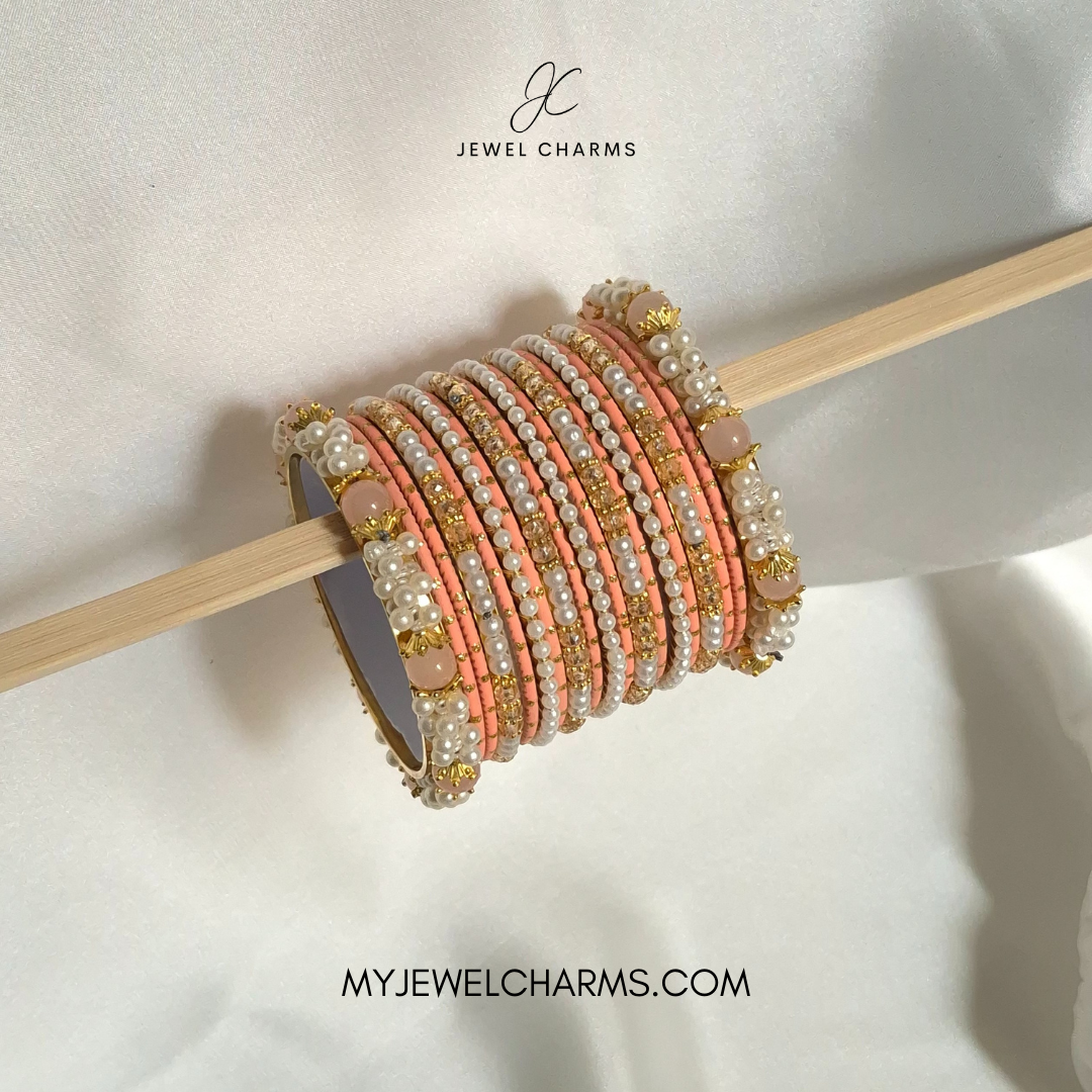 Peach Motichoor Pearl Bangles Choorian set