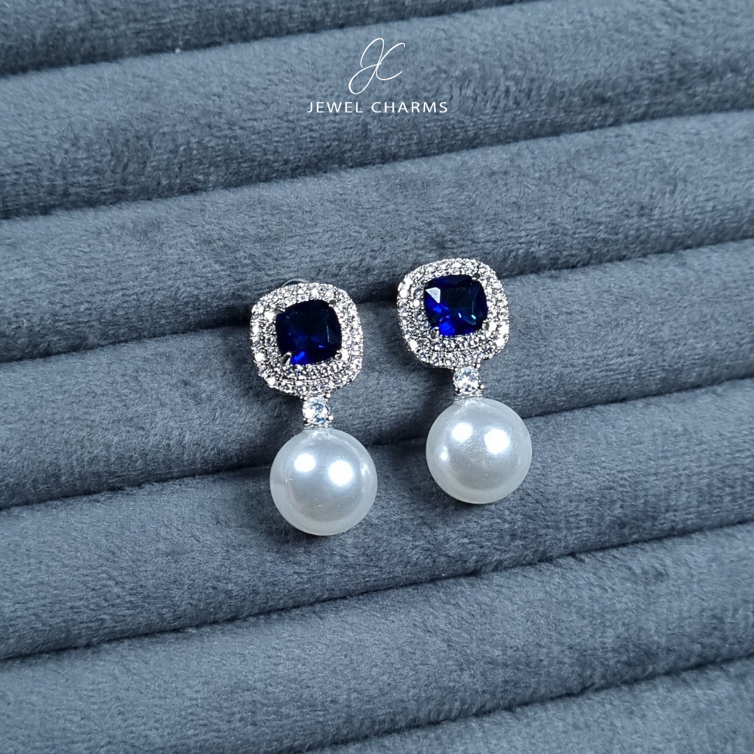 Royal Blue Square Pearl Dangle Style Zircon Earrings