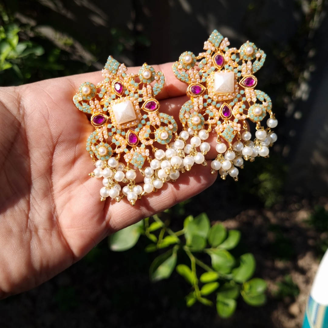 Sea Green Ruby Pearl Marathi Earrings
