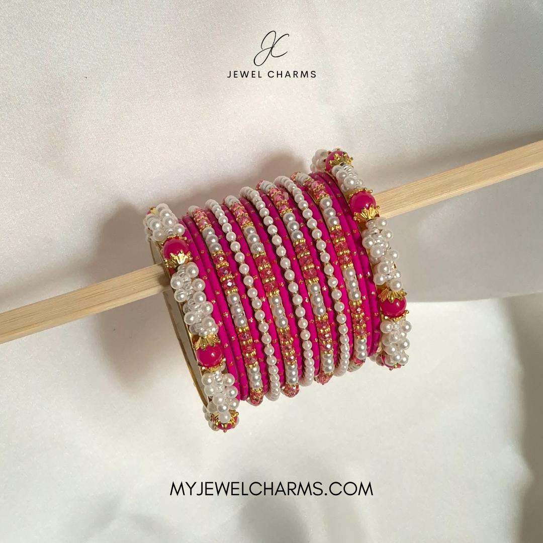 Dark Pink Pearl Motichoor Bangles Choorian Set