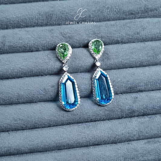 Blue Green Rhombus Zircon Cut Earrings