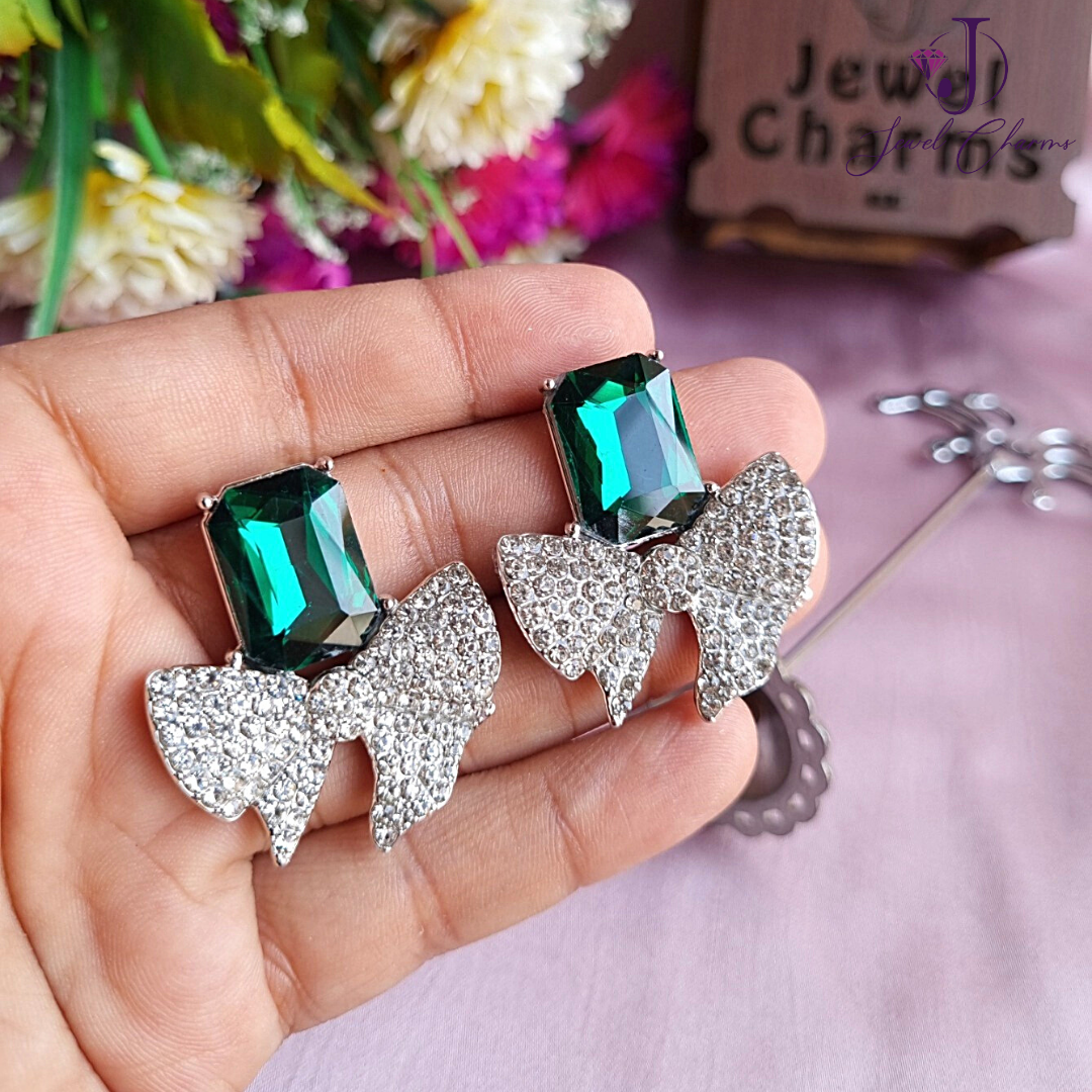 Silver Emerald Green Studded Knot Earrings