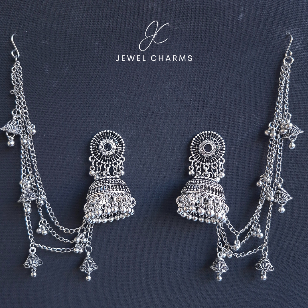 Jc 241 Black Stone Double Hoop Antique Silver Gemstone Triple Sahara Jhumka