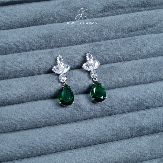 Tri Leaf Crystal Emerald green Dangle Style earrings