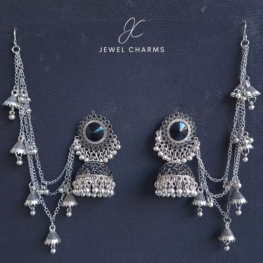 Jc 244 Black Mega Stone Antique Silver Sahara Jhumka