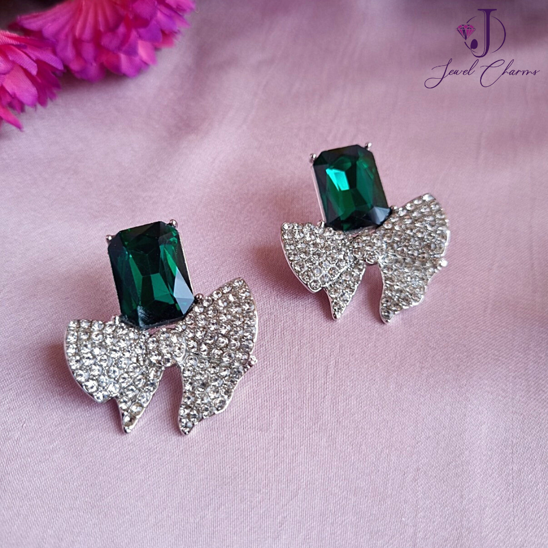 Silver Emerald Green Studded Knot Earrings