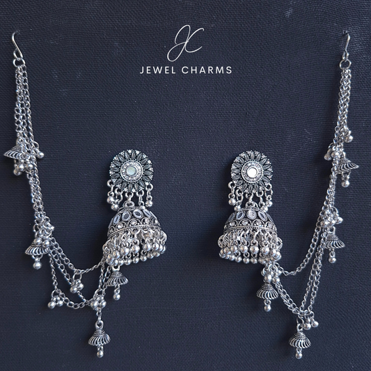 Jc 242 Silver Stone Double Hoop Antique Silver Triple Sahara Jhumka