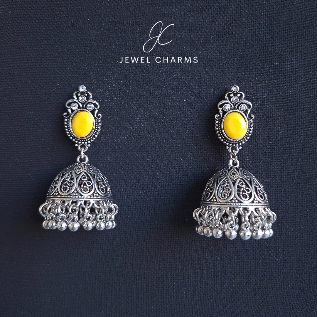 Jc 243 Silver Antique Jhumki with Yellow Stone
