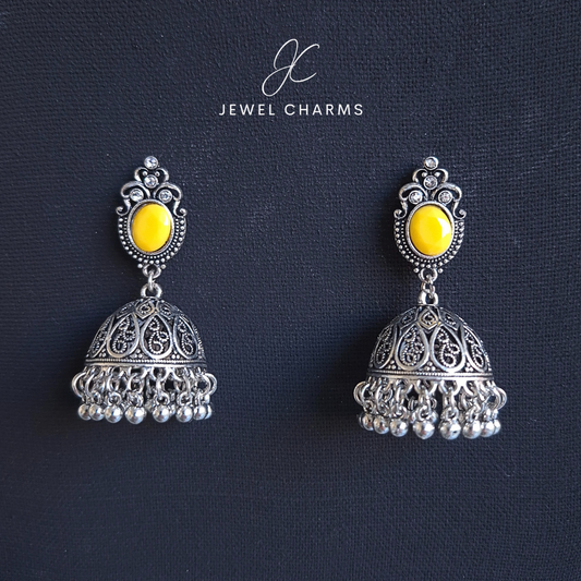 Jc 243 Silver Antique Jhumki with Yellow Stone