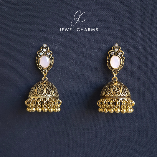 Jc 245 Golden Antique Jhumki with white Stone