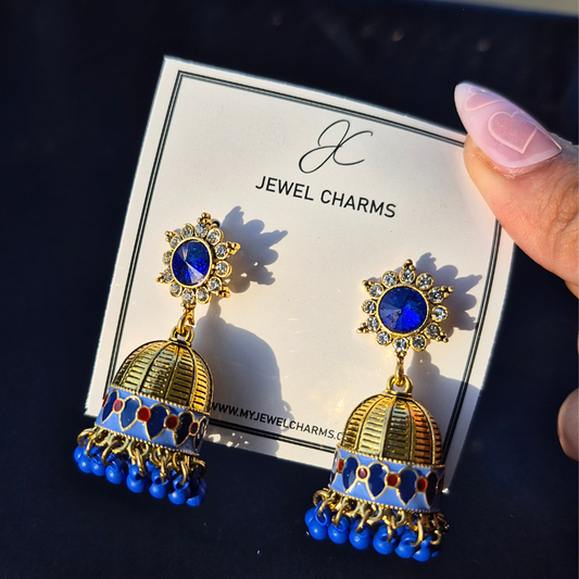 Golden blue gem handpainted jhumkis