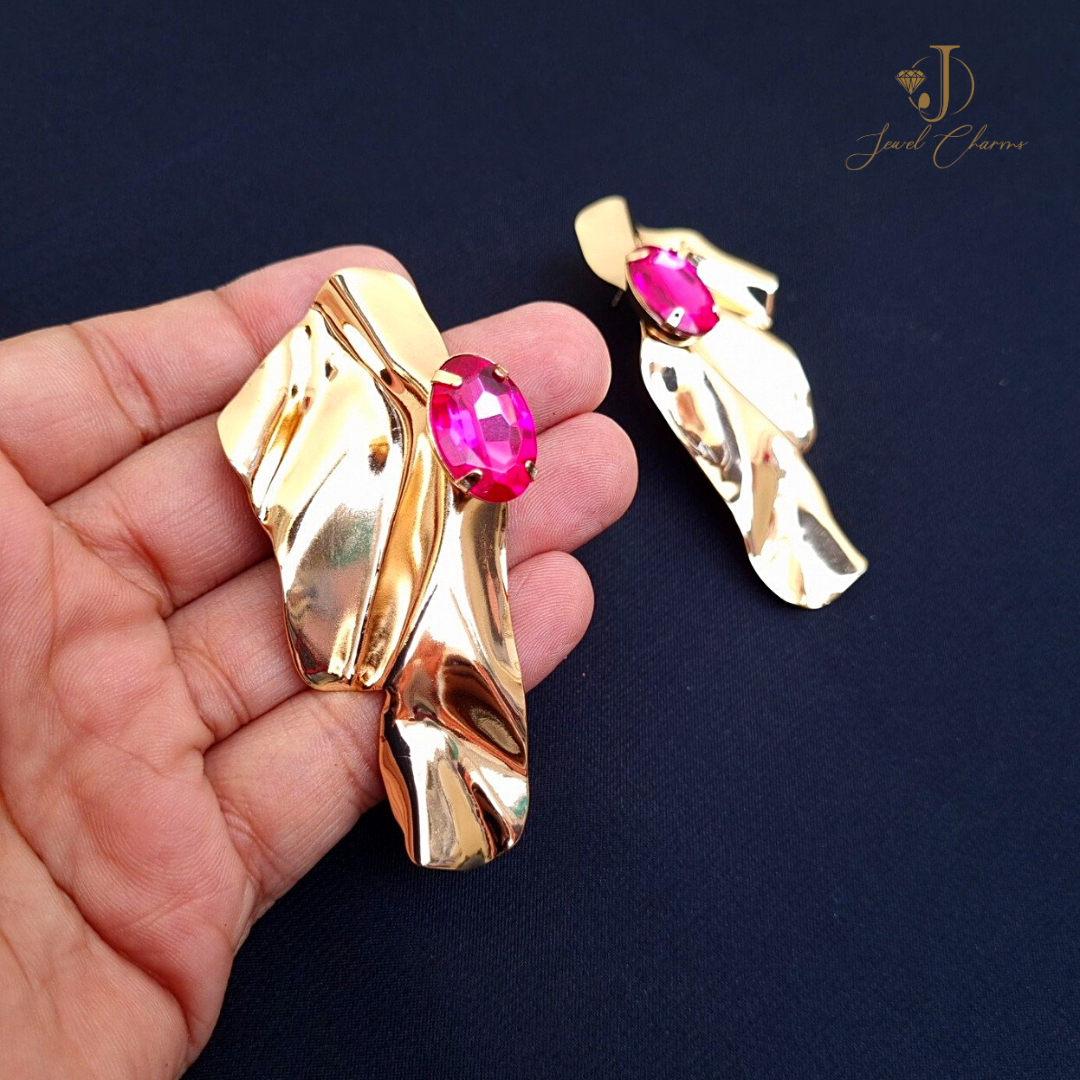 Premium Pink GemStone Abstract Golden Plate Earrings