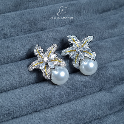 Golden lined Silver Zircon Pearl Flower Earrings