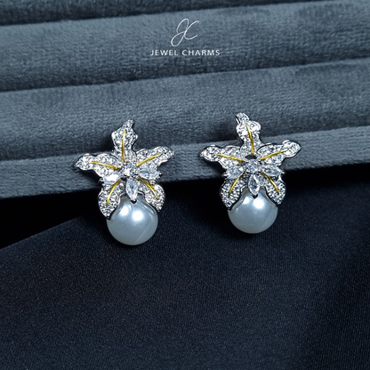 Golden lined Silver Zircon Pearl Flower Earrings