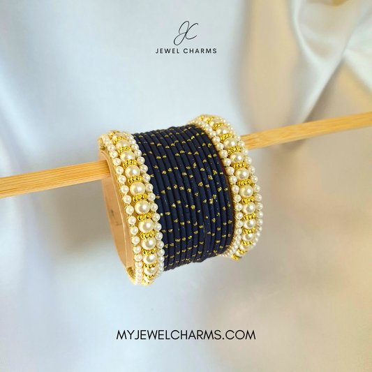 Dark Blue Golden Dotted Mughal Pearl Bangles