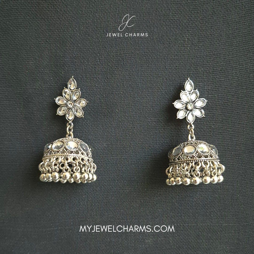 Jcec 327 Silver Antique Sheesha Flower Jhumki