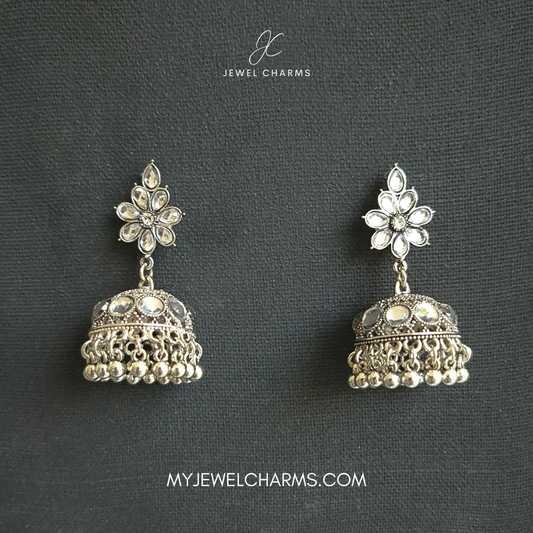 Jcec 327 Silver Antique Sheesha Flower Jhumki