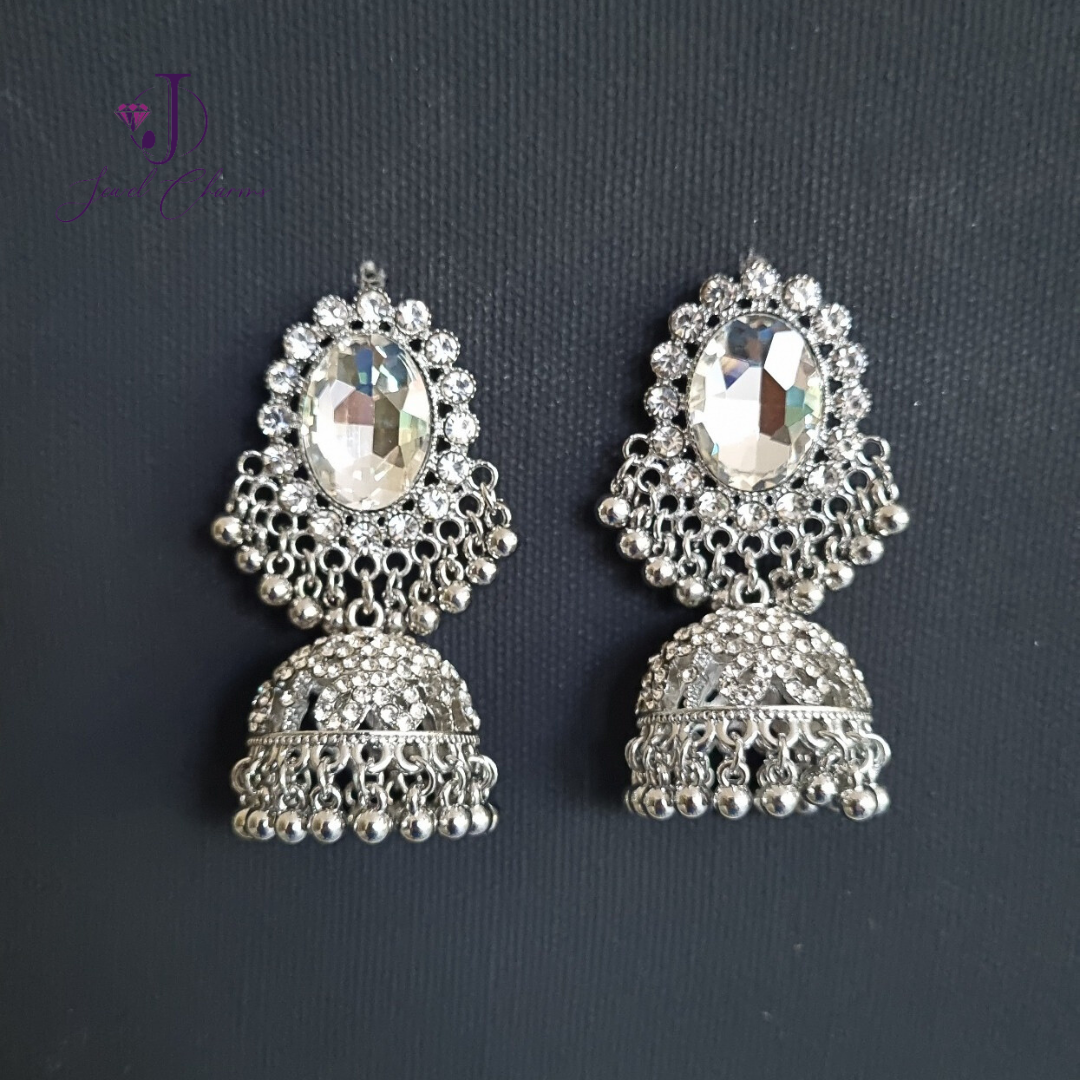 Silver Oval Gem Crystal Jhumka Medium