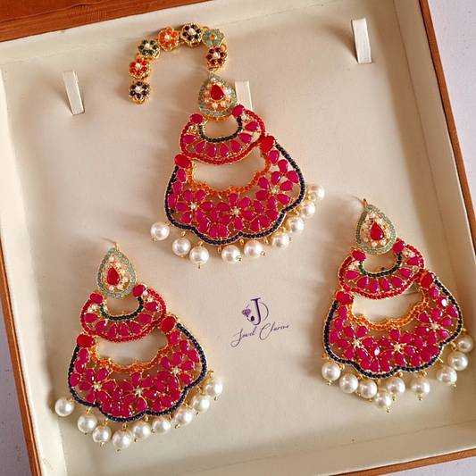 Ruby Red Pearl Multi Bindia & Earrings Set