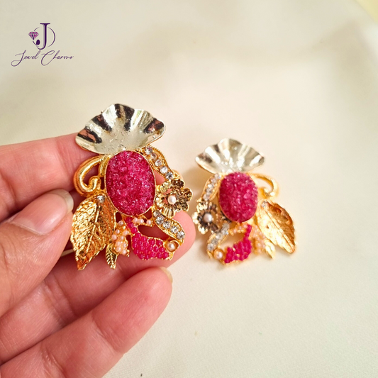 Silver Wing with gold Leaf Ruby Red Crush Stone Earrings