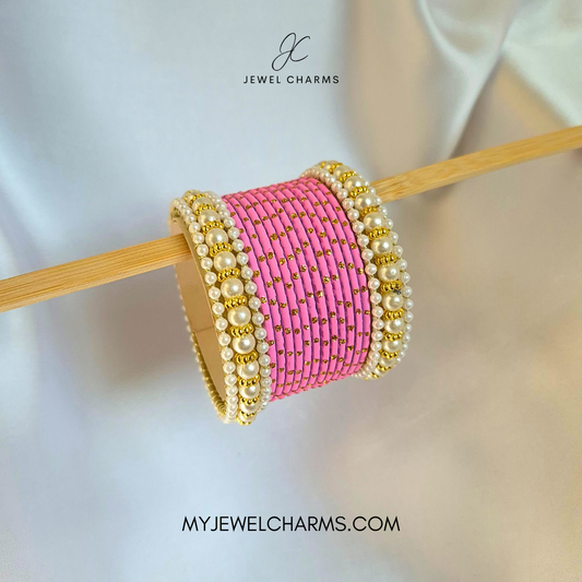 Light Pink Golden Dotted Mughal Pearl Bangles