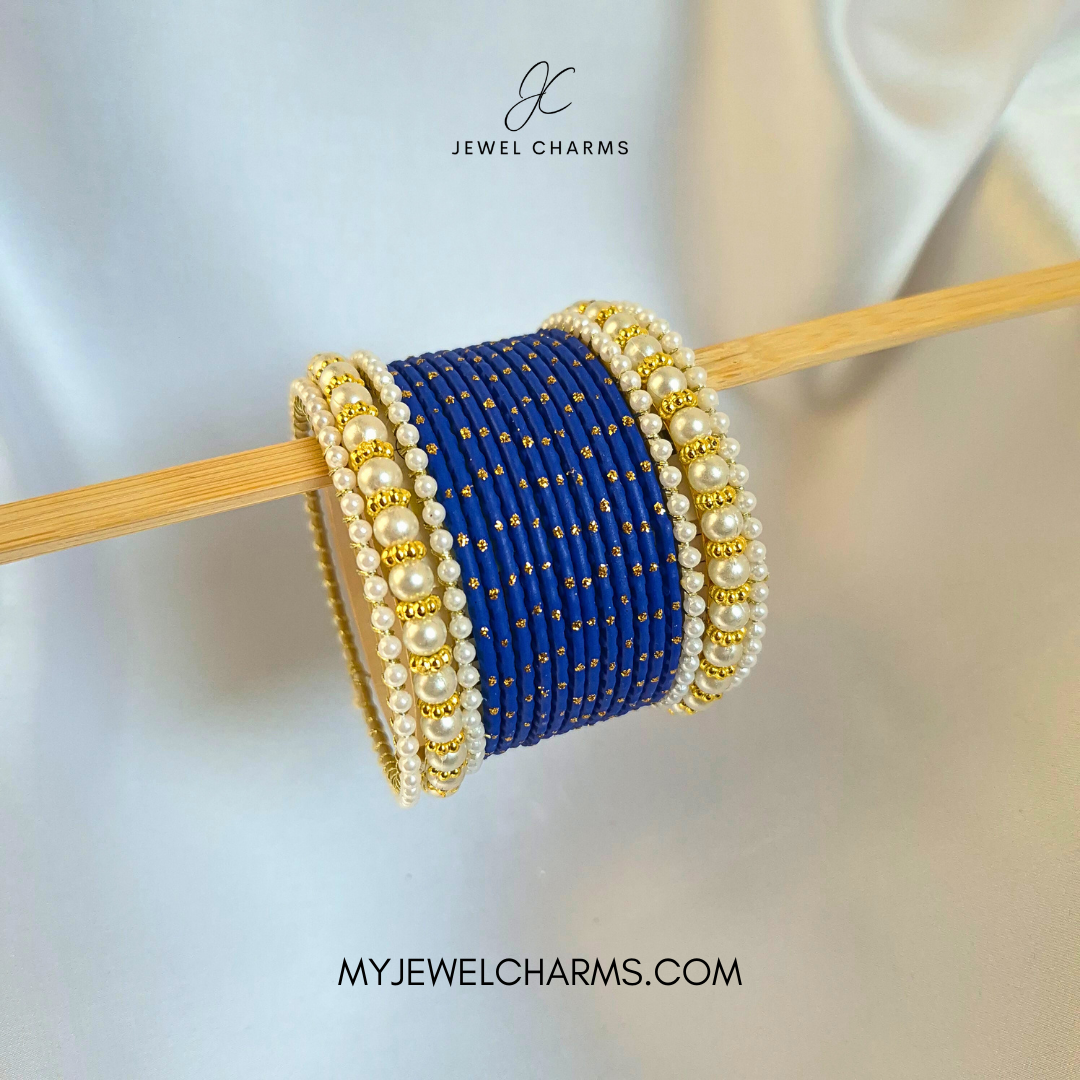 Titanic Blue Golden Dotted Mughal Pearl Bangles