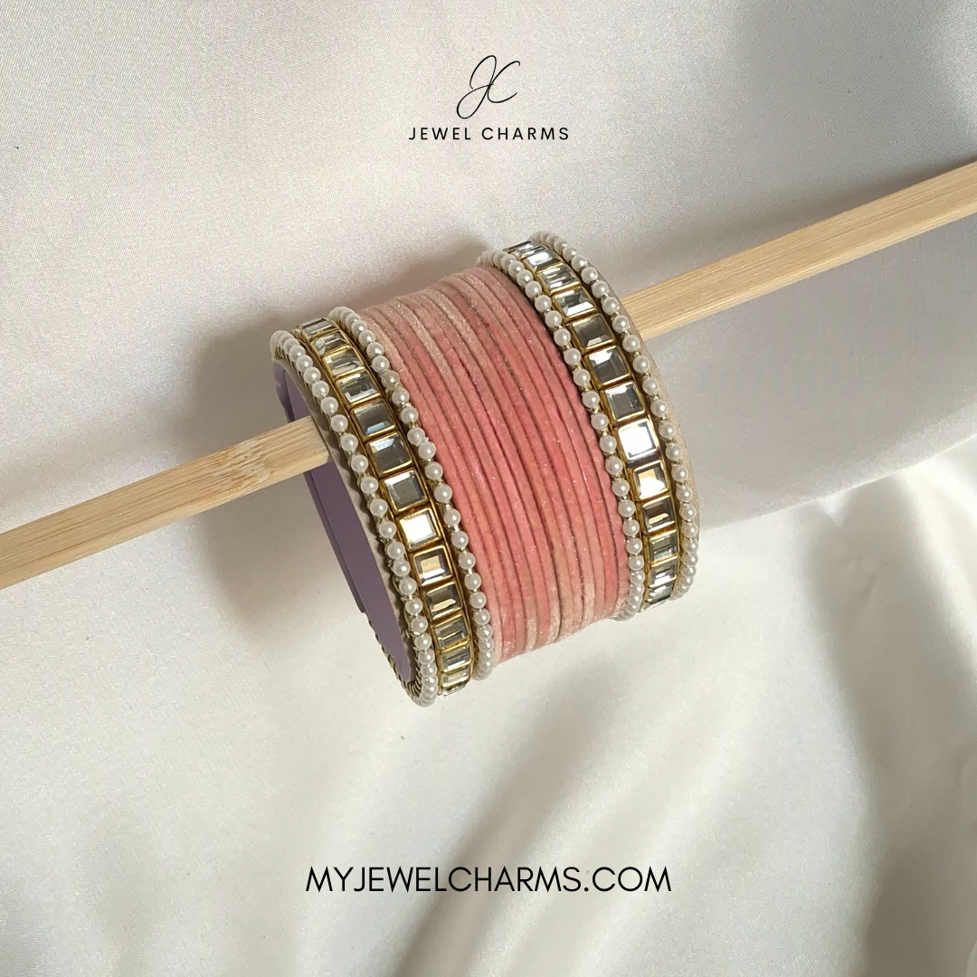 Peach double square karra velvet bangles choorian set