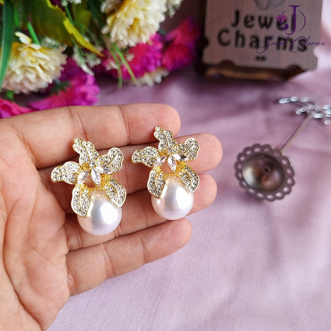 Mega Pearl Golden Flower Earrings