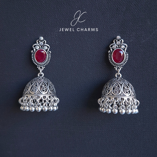 Silver Antique Jhuimki with Red Stone
