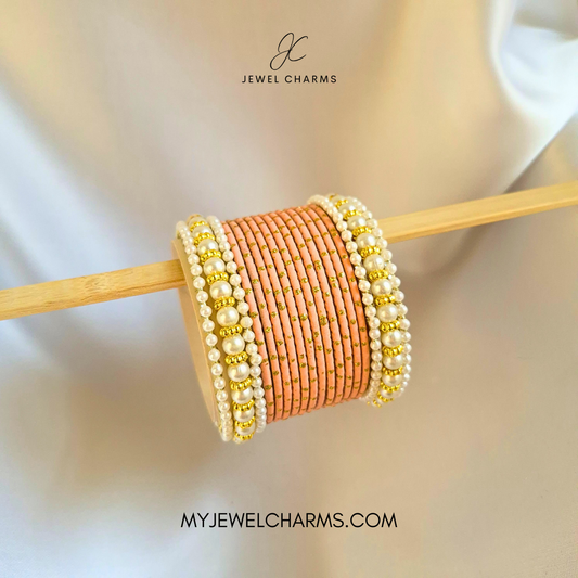 Peach Golden Dotted Mughal Pearl Bangles
