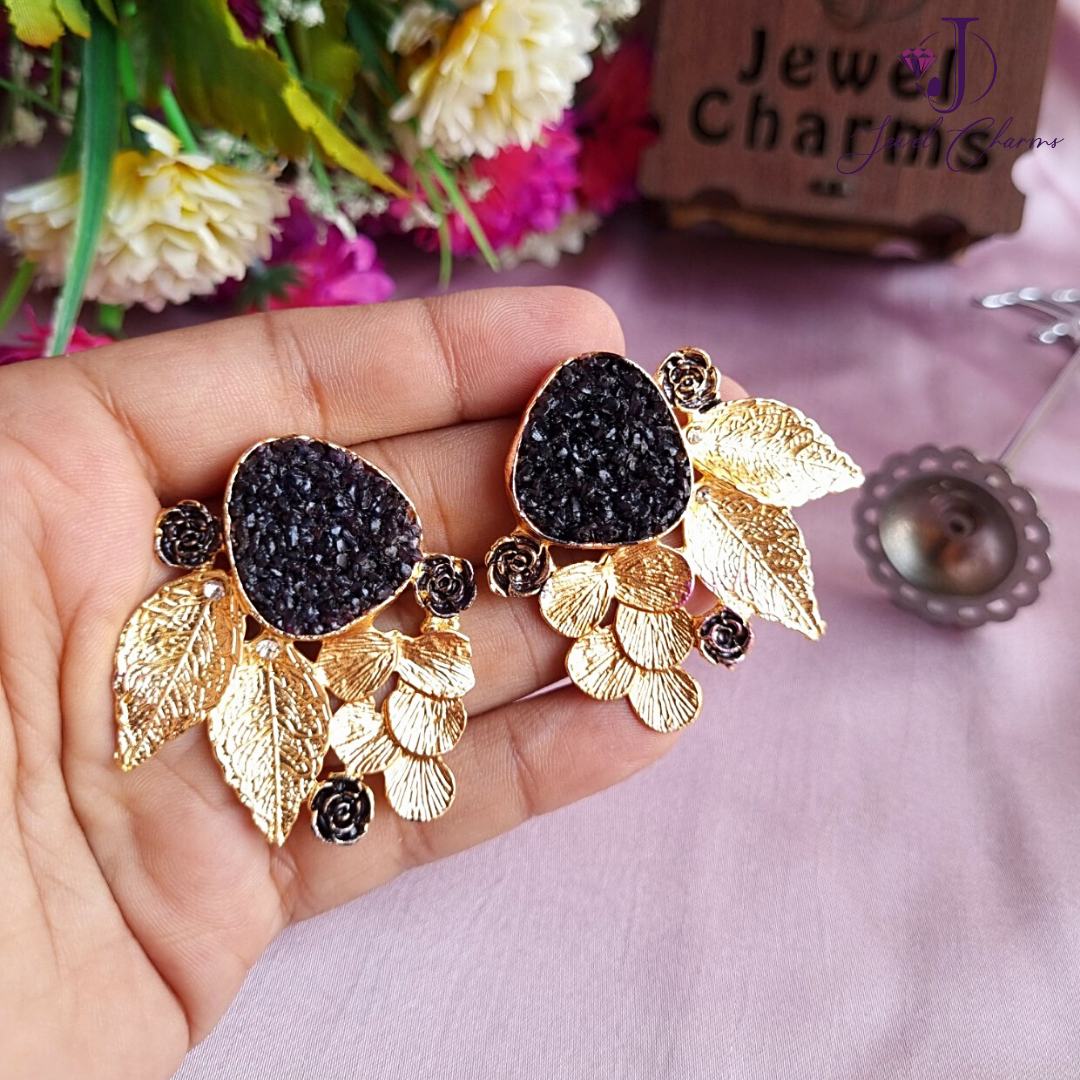 Black Leaf Rose Gold Petal Earrings