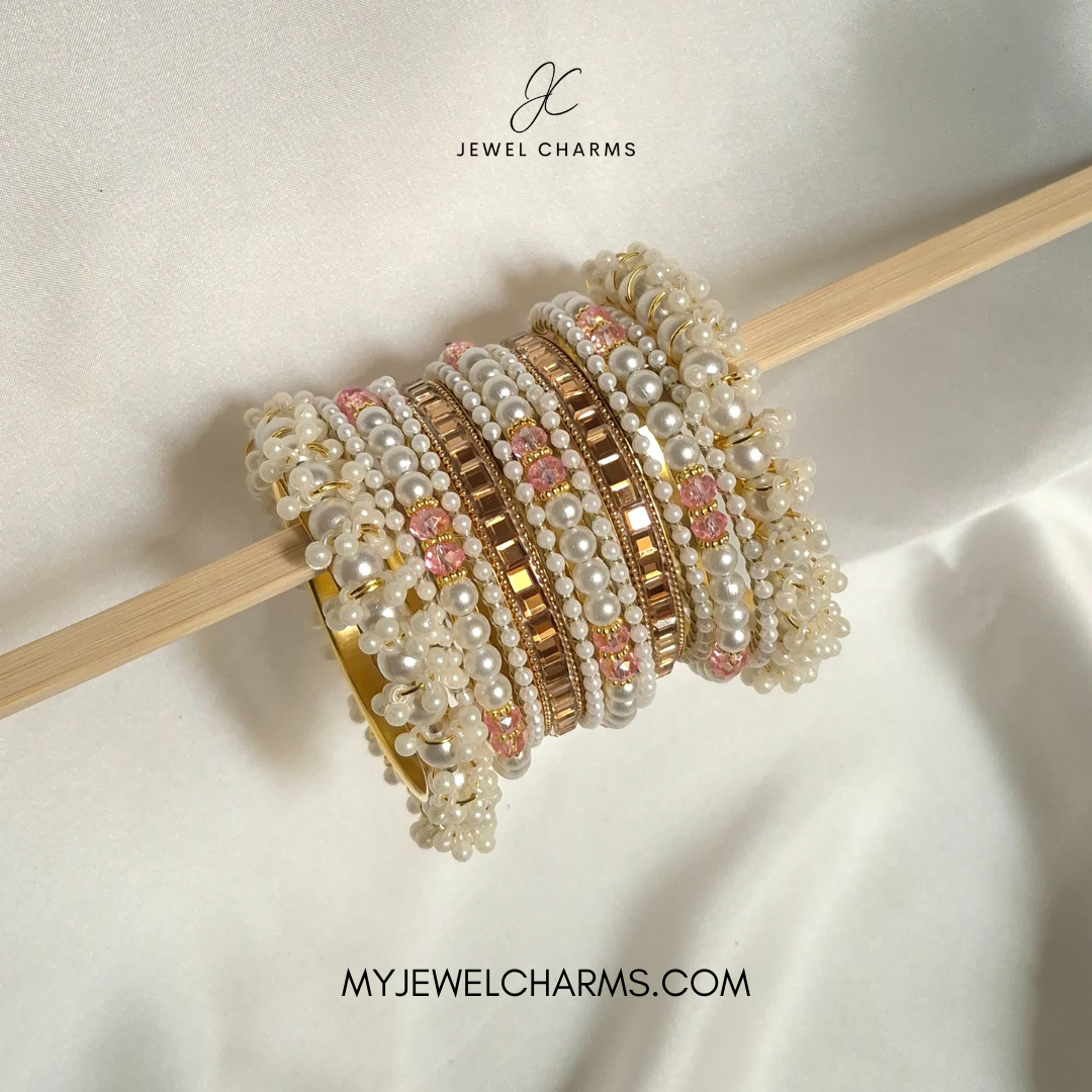 Baby Pink Champagne Pearl Vaganza Gajra Bangles Choorian Set