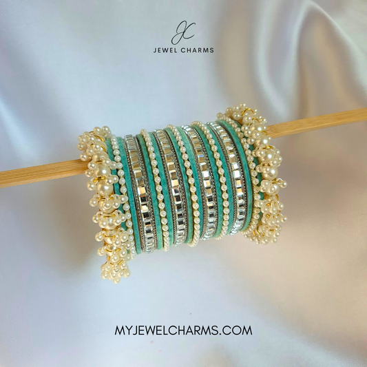 Sea Green Tetra Silver Karra Bangles Set