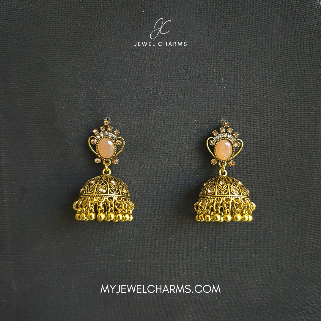 Jcec 322 Peach Stone Golden Antique Jhumka