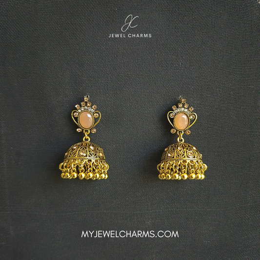 Jcec 322 Peach Stone Golden Antique Jhumka