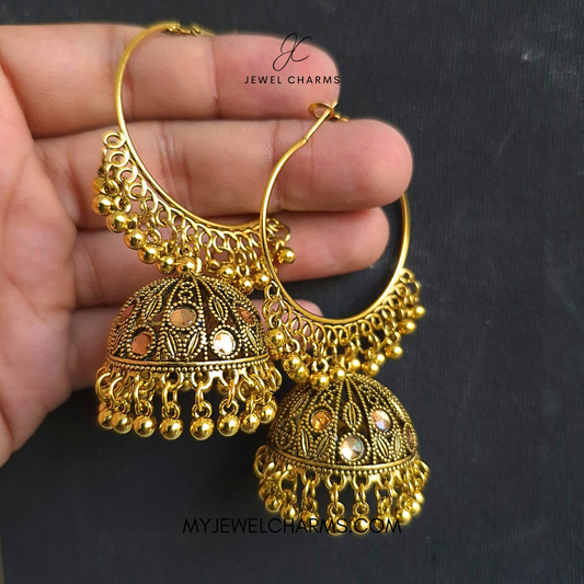 Golden Champagne Stone Half Moon Bali Jhumka
