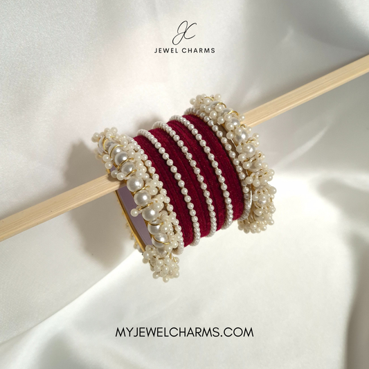 Maroon Velvet penta pearl gajra bangles choorian set